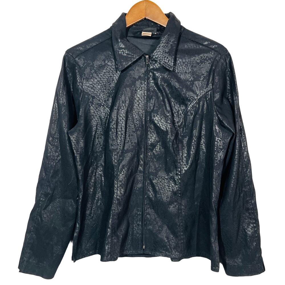 Cactus Flower Reptile Print Long Sleeve Full Zip Top Shirt Black - L